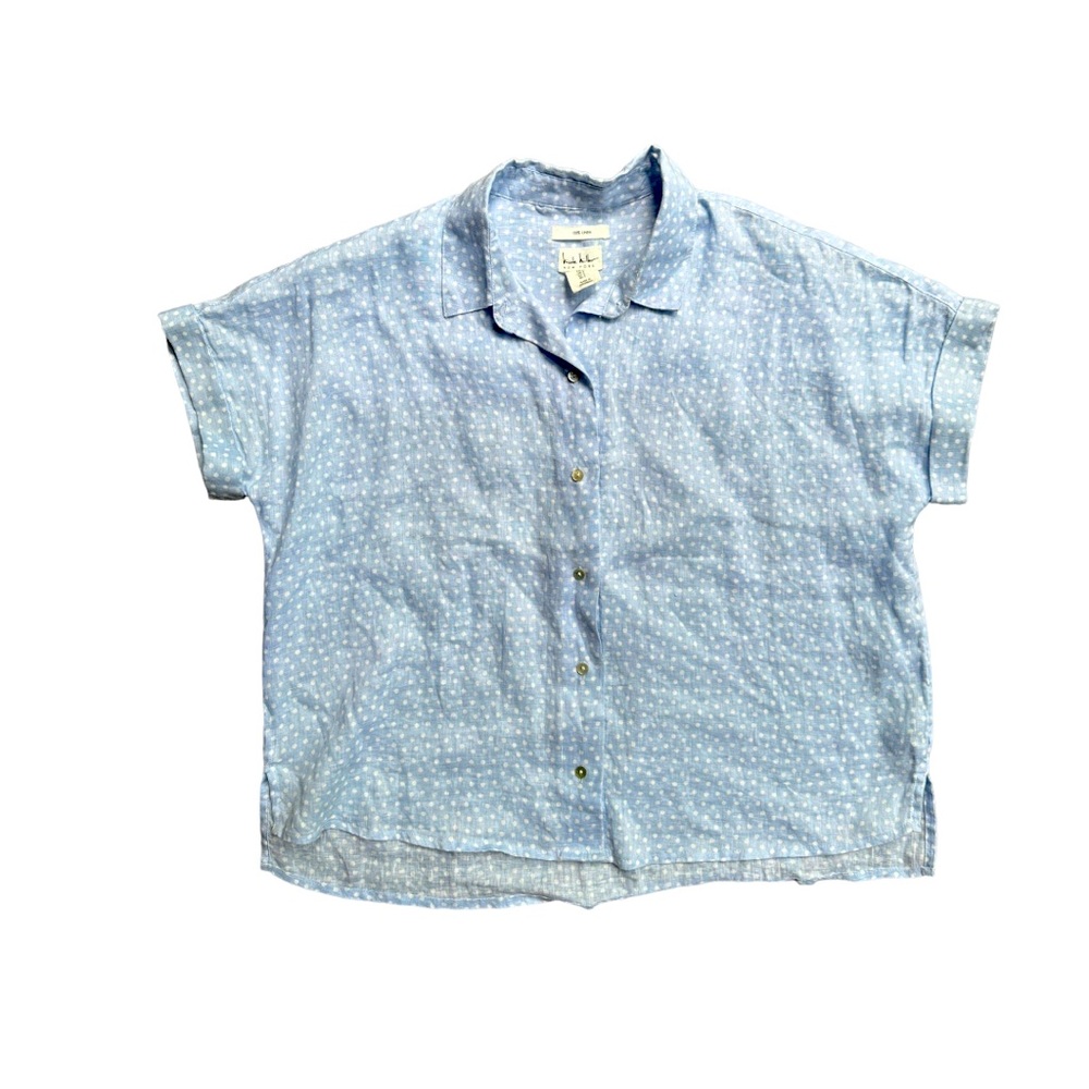Nicole Miller Linen Polka Dot Button Up Shirt Size Small Coastal Beach